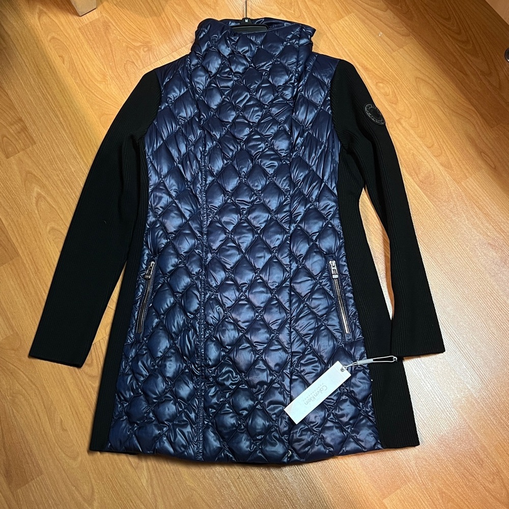 Calvin Klein Performance Mixed Media Down Long Coat in Dark Navy (Size M)